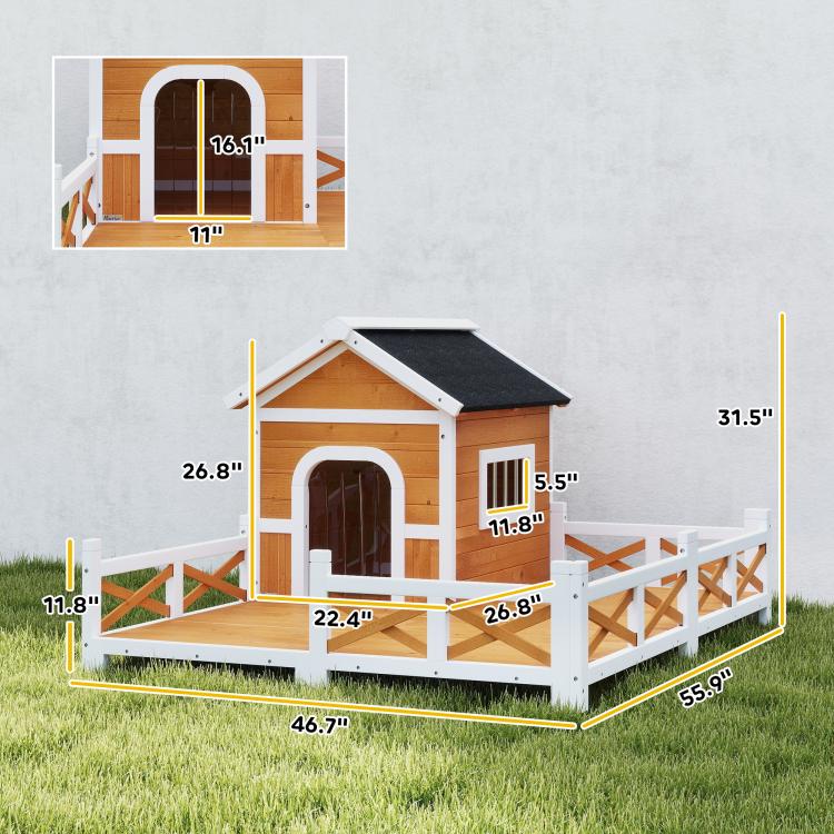 Wooden dog house with fenced porch and openable roof, size diagram with dimensions