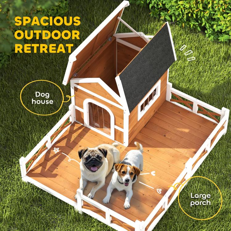 Wooden dog house with large fenced porch, open roof panel, and arched door