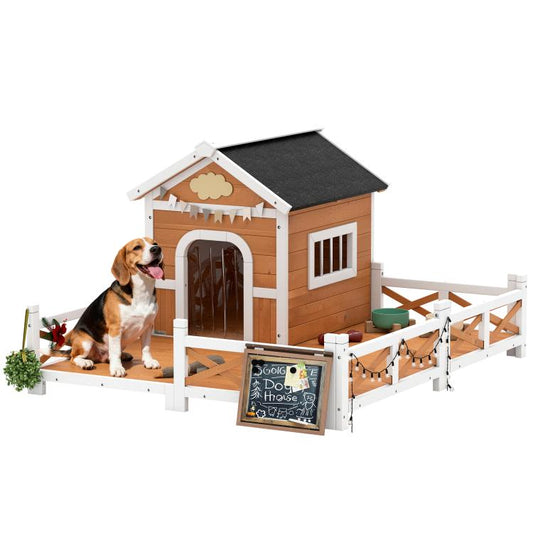 Brown wooden dog house with arched door and large fenced porch, black roof mat