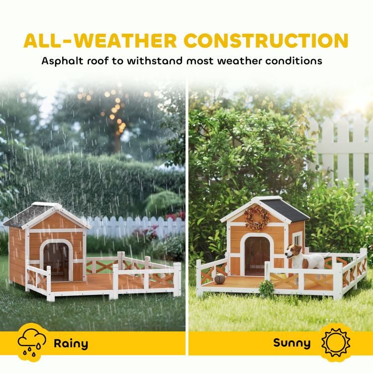 Outdoor wooden dog shelter with fenced porch, arched door, and black roof