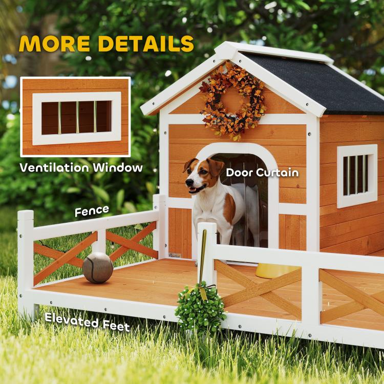 Wooden dog house detail view with ventilation window, door curtain, and elevated feet