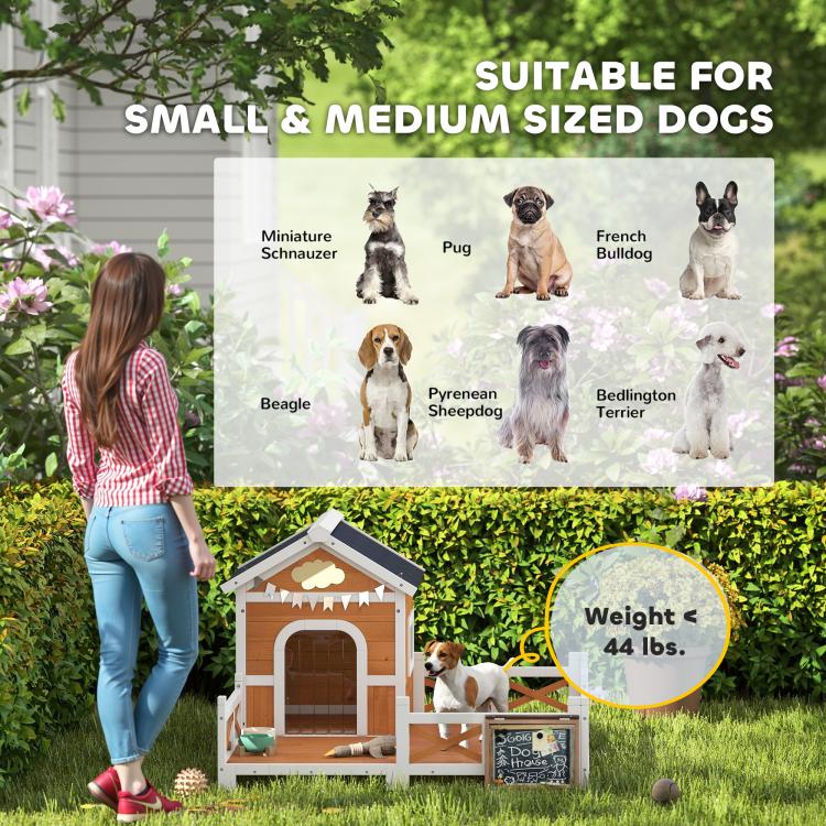 Wooden dog house for small to medium dogs, weight callout 44 lb