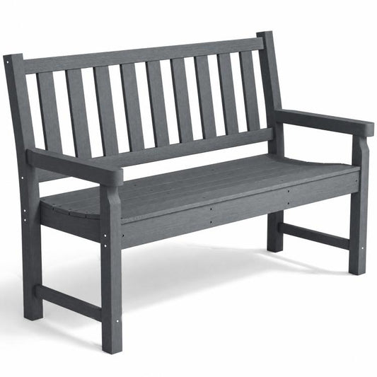 Gray two-person garden bench with slatted back and armrests