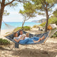 Gray two-person outdoor hammock with attached pillow and under-pad, wooden spreader bars