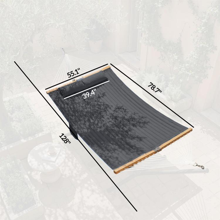 Gray outdoor hammock dimensions view, padded fabric with rope hangers and wooden spreader