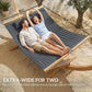 Extra-wide gray hammock for two with pillow, rope suspension and wooden end bars