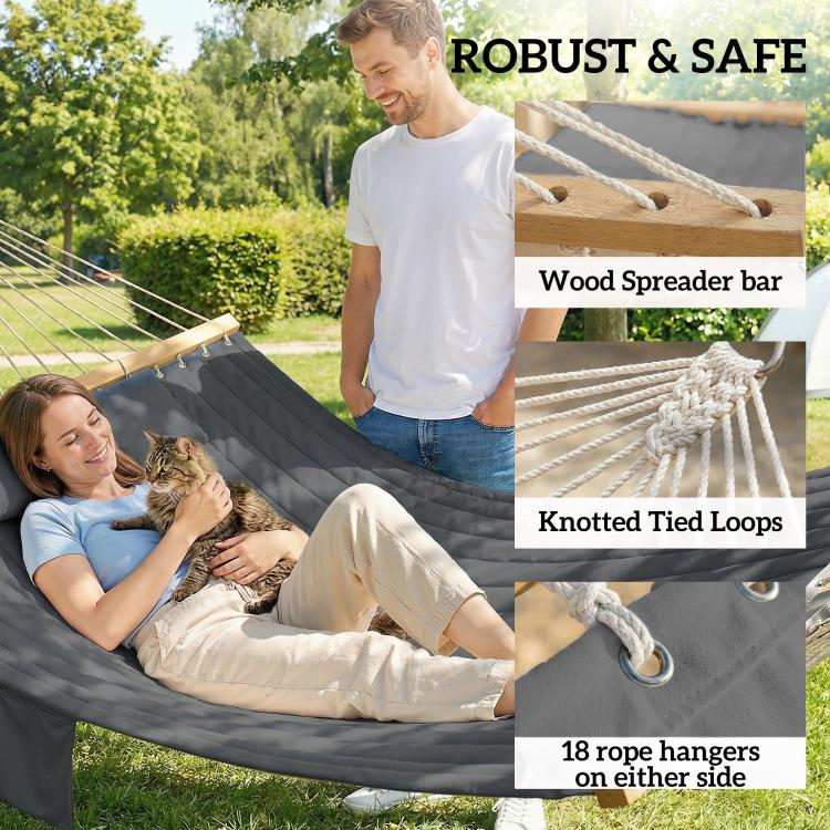 Gray hammock with wooden spreader bar and side rope hangers, knotted loop ends