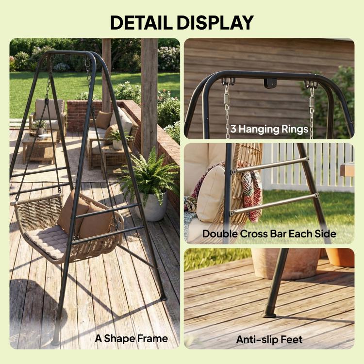 Black hammock chair stand detail view: A-shaped frame, anti-slip feet, hanging rings