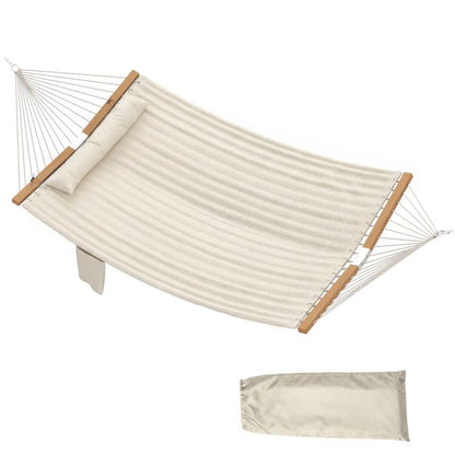 Cream striped two-person hammock with head pillow and woven fabric pad