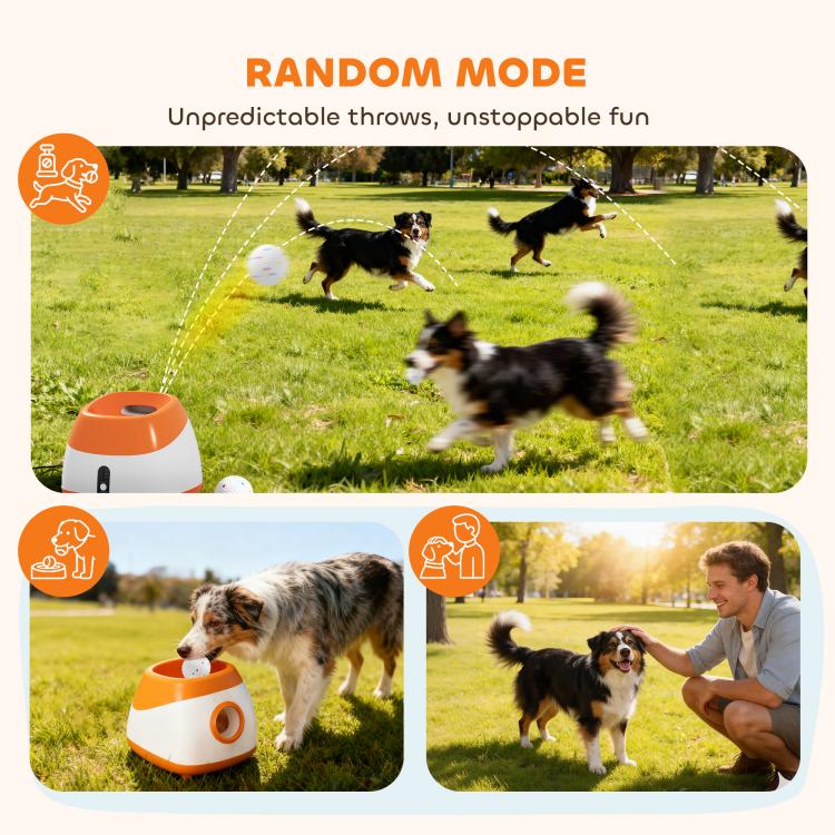 Orange and white automatic dog ball launcher with ball in play for medium and large dogs