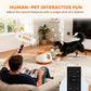 Automatic dog ball launcher indoors with remote control and speckled ball near two dogs