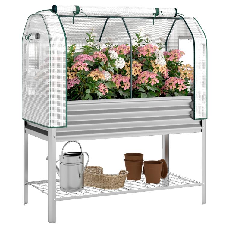 Silver raised garden bed with green mesh greenhouse cover and two-tier shelf