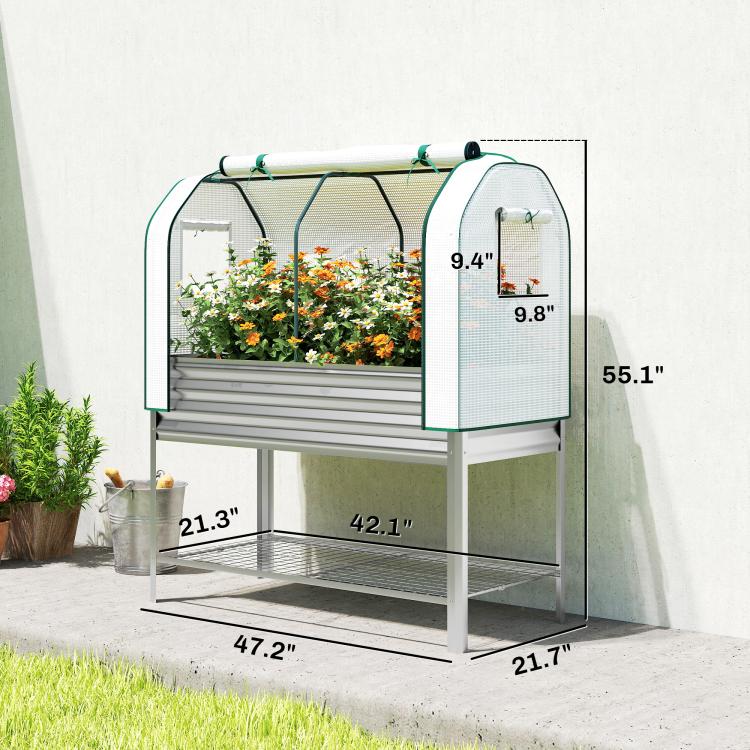 Silver raised garden bed with green greenhouse cover and lower shelf, side view
