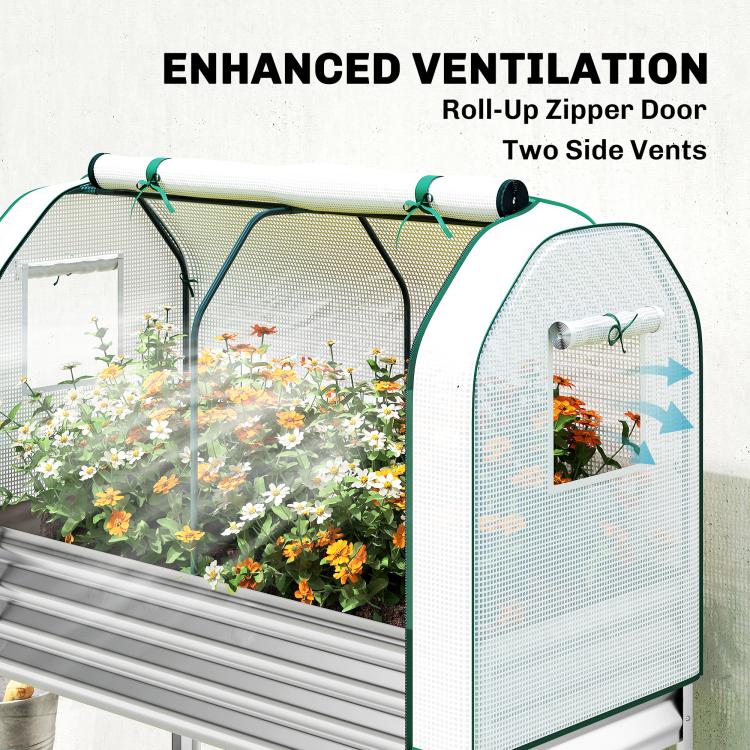 Raised garden bed greenhouse cover with roll-up zip door and side vent windows