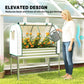 Elevated raised garden bed with green greenhouse cover and front access panel