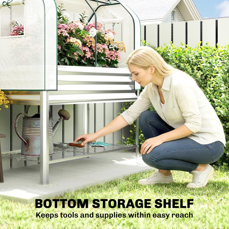 Raised garden bed with greenhouse cover and bottom storage shelf underneath