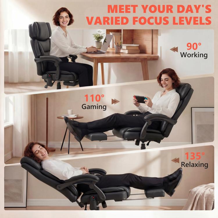Reclining massage office chair in black with extended footrest and padded headrest
