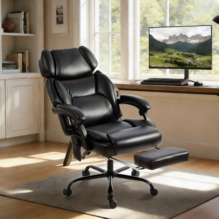 Black reclining massage office chair with padded footrest and swivel base