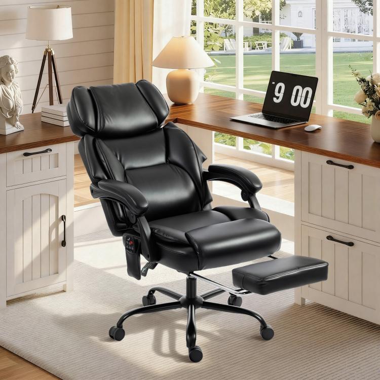 Black reclining massage office chair with footrest, side view