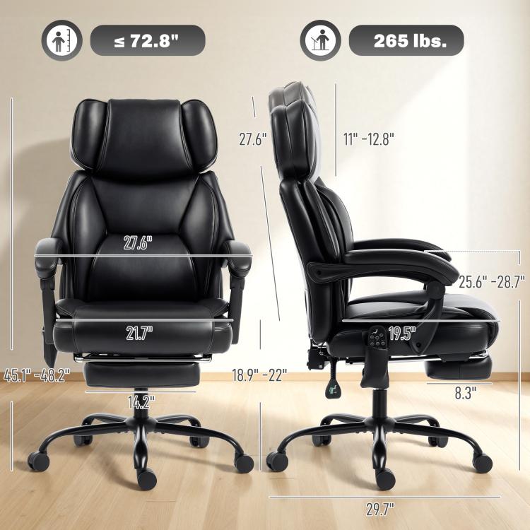 Black massage recliner chair with footrest and size diagram overlay