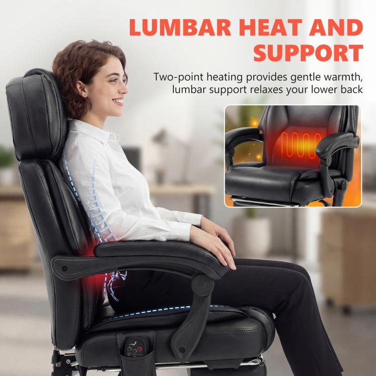 Black massage chair with lumbar heat panel and supportive recline design