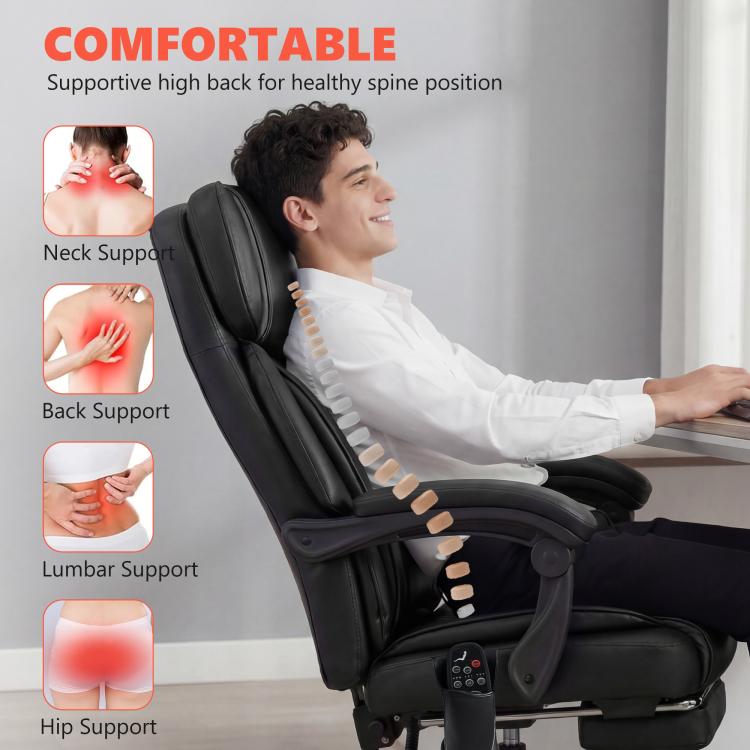 Black ergonomic massage chair with contoured backrest and multiple support zones