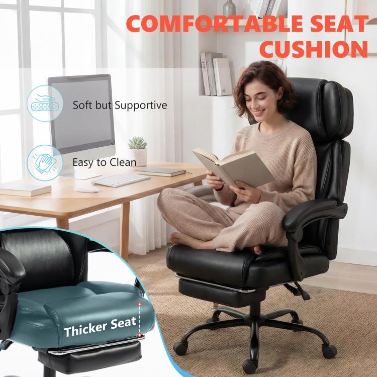 Black massage office chair with thick padded seat cushion and smooth recline