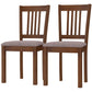 Set of 2 walnut dining chairs with vertical slat backrests and light gray cushioned seats