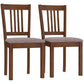 Two dining chairs with slat-back, gray padded seats, walnut brown wood frames