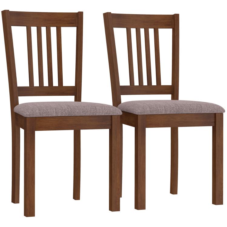 Two dining chairs with slat-back, gray padded seats, walnut brown wood frames