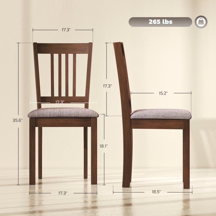 Walnut dining chairs set of 2 with slat-back and padded light gray seat, shown with size