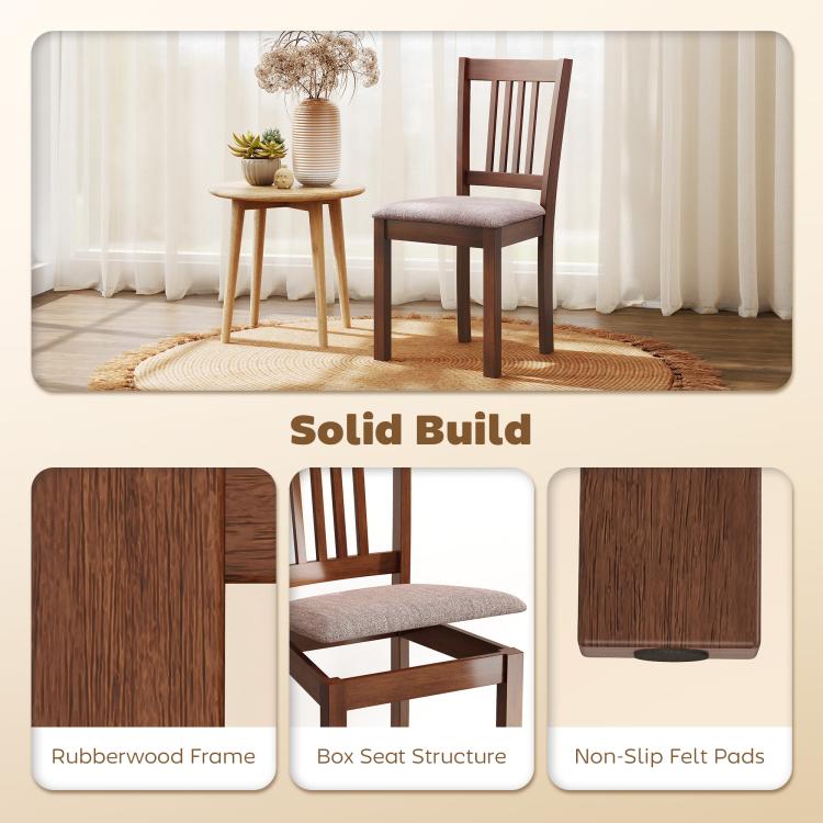 Walnut dining chair set of 2 with slat-back design and padded light gray seat cushions