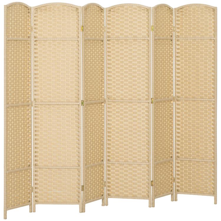 Beige 6-panel folding room privacy screen with woven texture and curved top arches