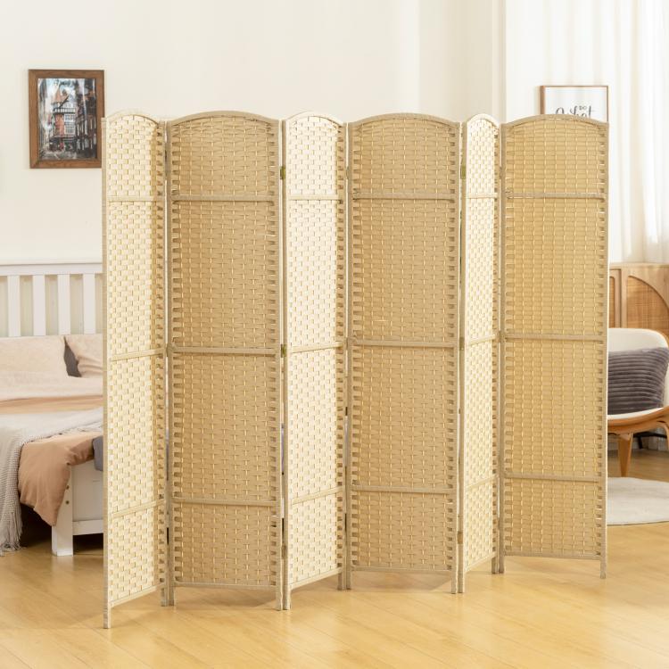 Beige 6-panel folding room divider screen with arched sections and woven grid panels