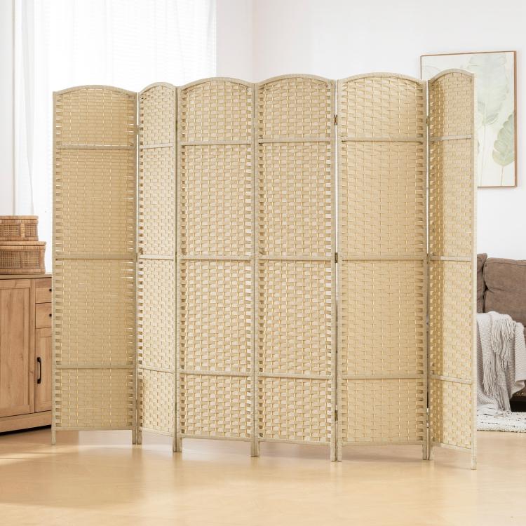 Beige 6-panel room privacy divider screen with arched tops and woven panel texture