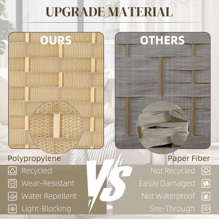 Beige woven 6-panel privacy screen material close-up with metal hardware and hinge