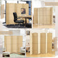 Beige 6-panel folding privacy screen shown in indoor and outdoor-style spaces