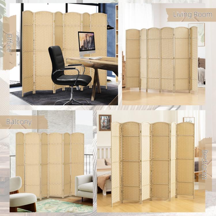 Beige 6-panel folding privacy screen shown in indoor and outdoor-style spaces