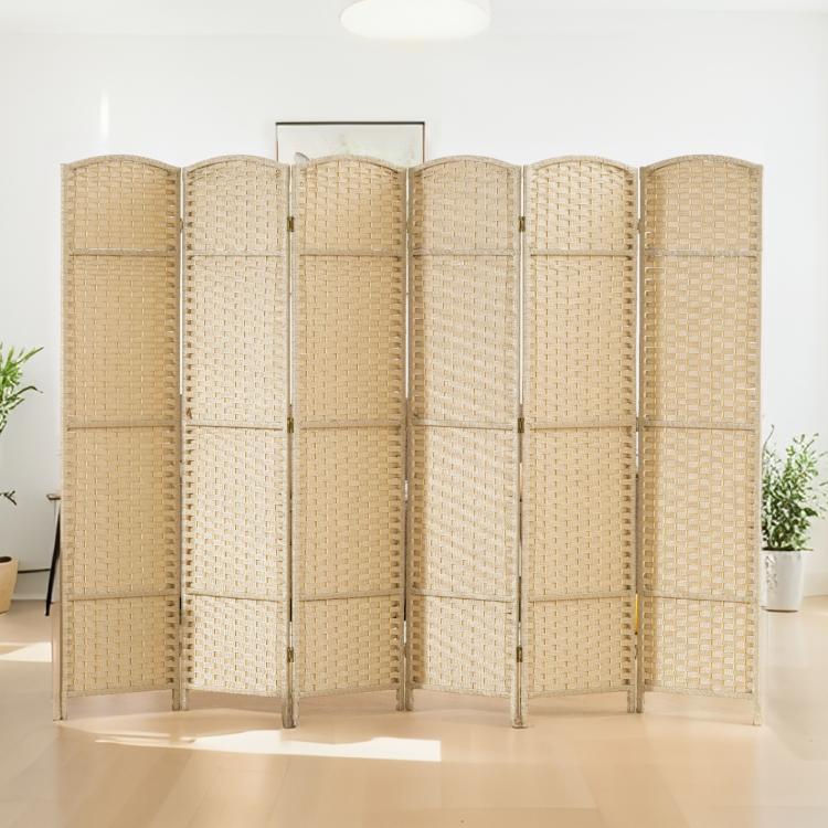 Beige 6-panel folding room privacy screen with woven texture and standing frame