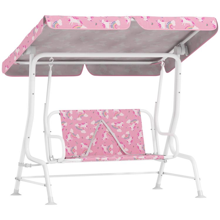 Qaba kids porch swing bench with pink unicorn canopy, 2-seat, safety straps