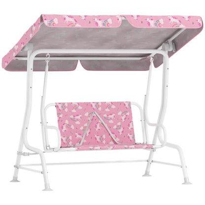 Qaba kids porch swing bench with pink unicorn canopy, 2-seat, safety straps