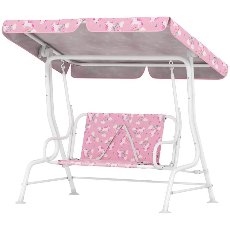 Qaba 2-seat kids porch swing bench with pink unicorn canopy and front safety straps