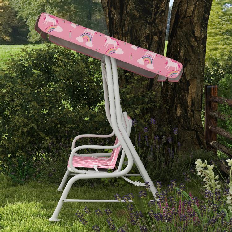 Pink kids porch swing bench with patterned seat and canopy, white frame, side view
