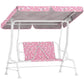 Two-seat kids porch swing bench with pink canopy, patterned cushions, safety belts, front view