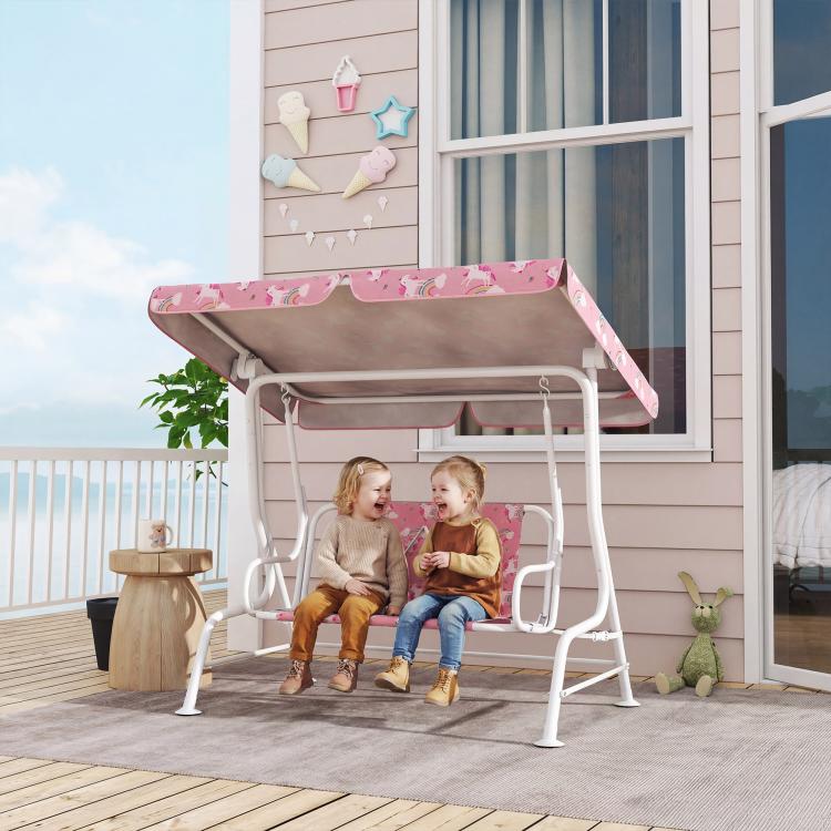 Qaba kids porch swing bench with pink unicorn seat and canopy over two children