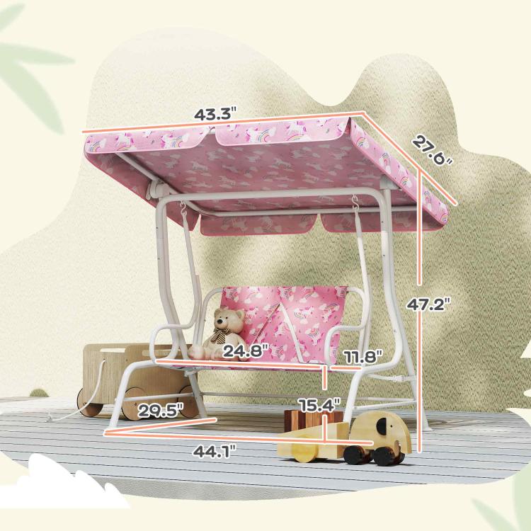 Qaba kids porch swing bench with pink unicorn canopy and seat, side view