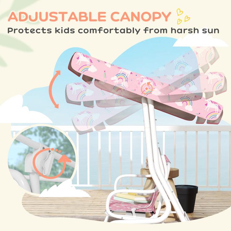 Qaba adjustable canopy for kids porch swing bench with pink unicorn fabric cover