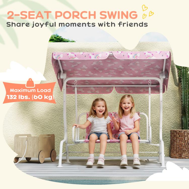 Qaba 2-seat kids porch swing bench with pink unicorn seat, two children seated