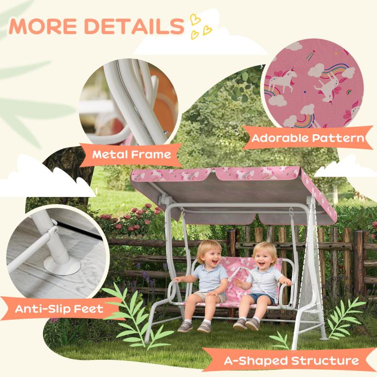Qaba kids porch swing bench with white metal frame and pink unicorn seat cushion