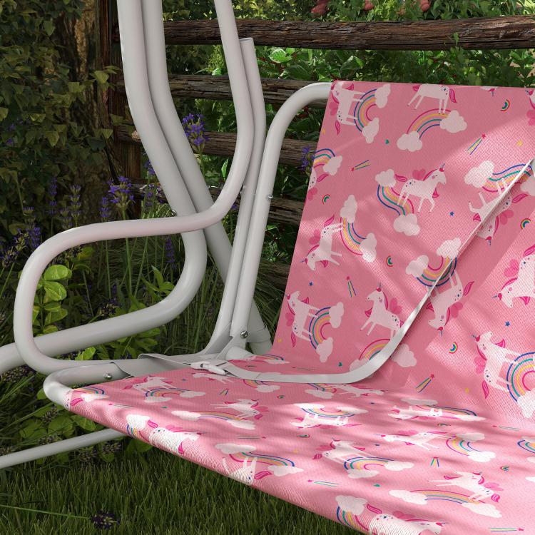 Qaba kids porch swing bench pink unicorn seat cushion and white curved frame